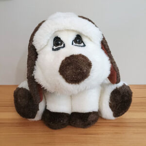 Vintage 1988 Chrisha Playful Stuffed Plush Brown & White Dog Red Tongue 13"